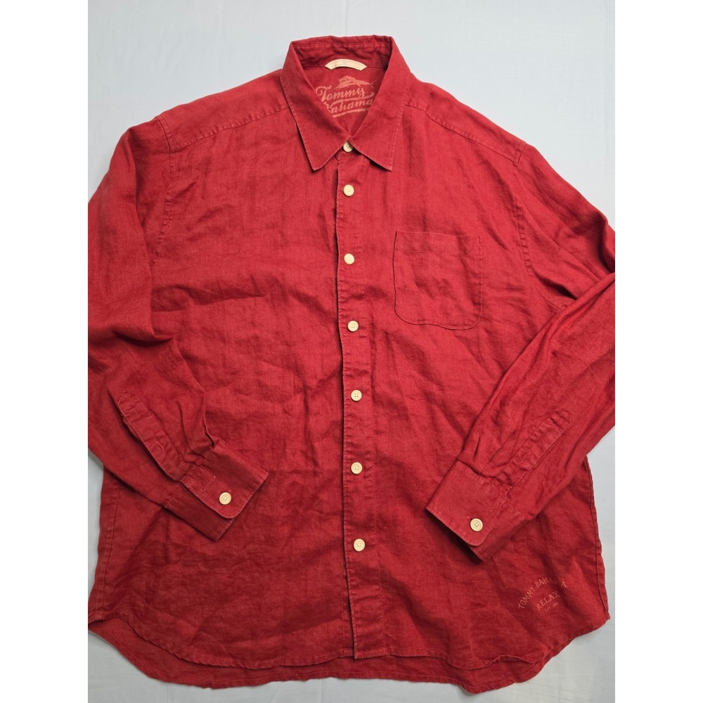 Tommy Bahama Relax Shirt Men's‎ XL Red 100% Linen Logo Button-Up Everyday Wear